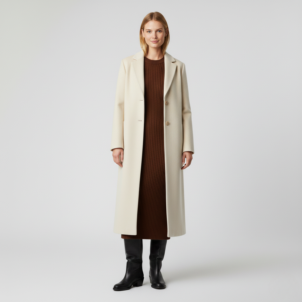 Wool Blend Long Coat with Structured Tailoring